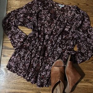 LUCKY BRAND 🍀 XXL Peplum Floral Tie Neck Blouse